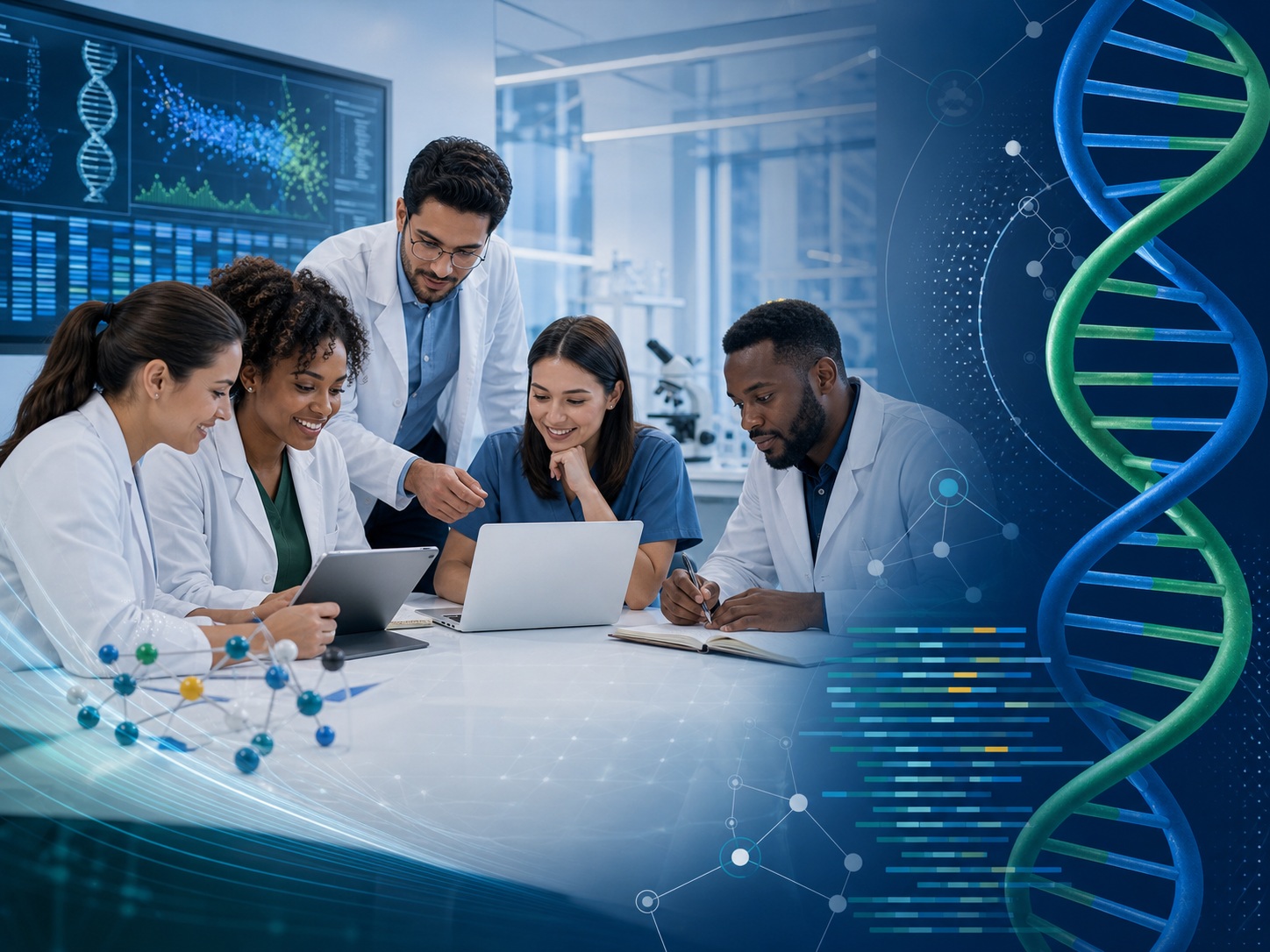 Equipe em atividade de formação científica em genética.